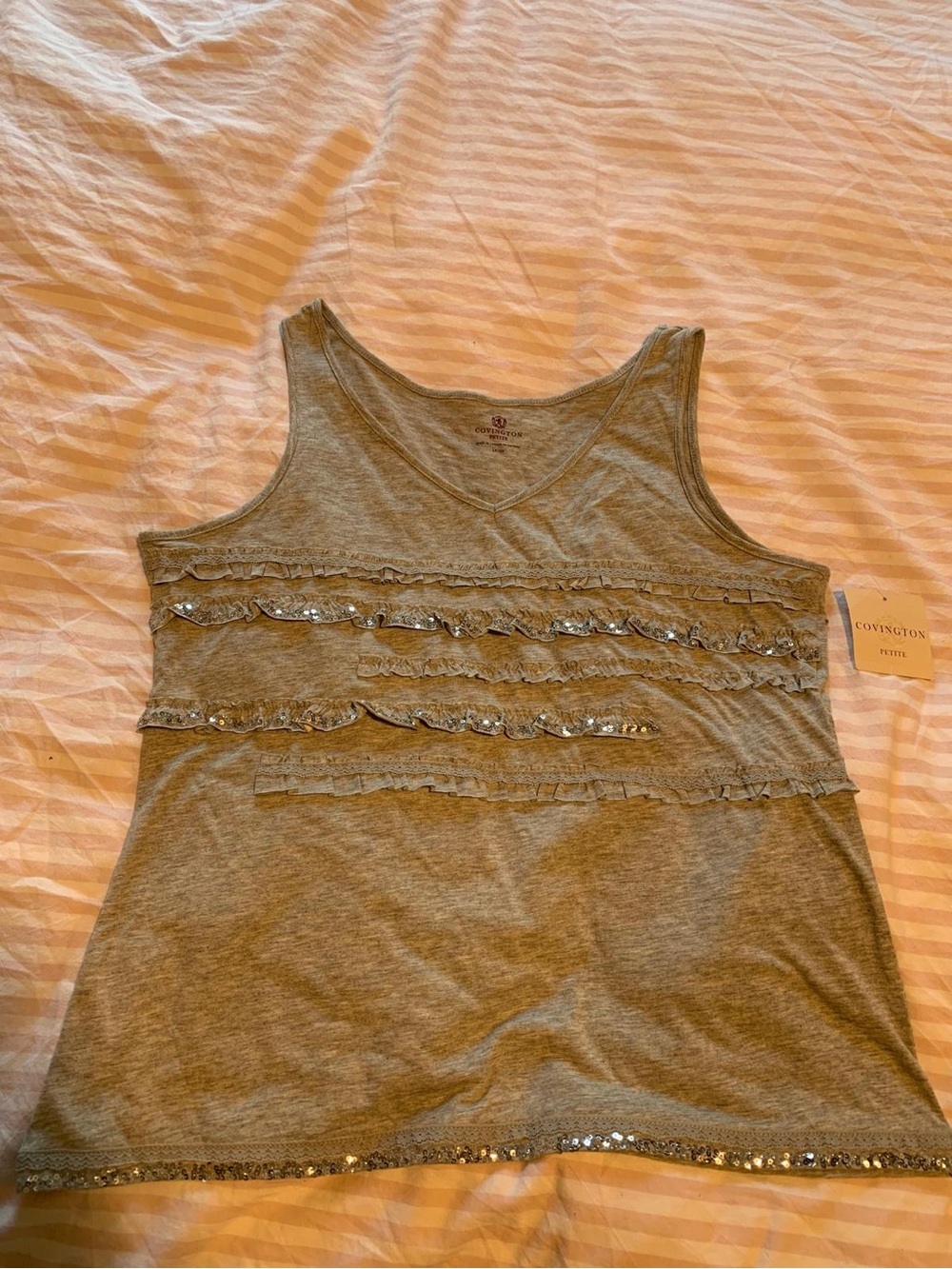 Covington Gray Sequin Ruffle Tank Top